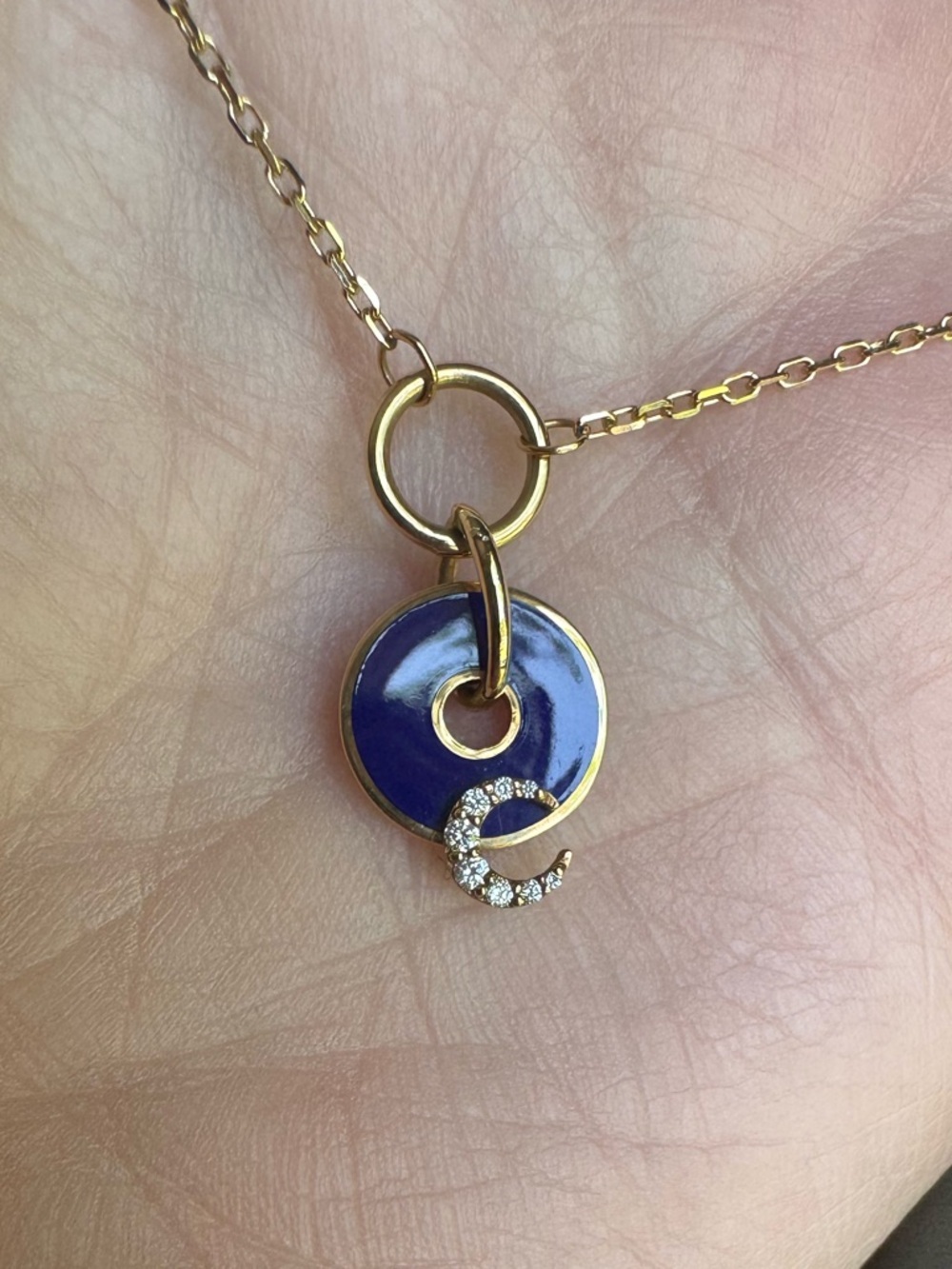 Gold Chain Necklace with Blue Enamel Disc and Pave Crescent Pendant